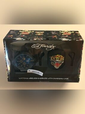 Ed Hardy Black Watch and Black Earbuds Set with Multicolor Tiger Art